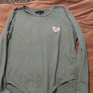 Forever 21 Gray Long Sleeve Bodysuit with Pink Heart Patch